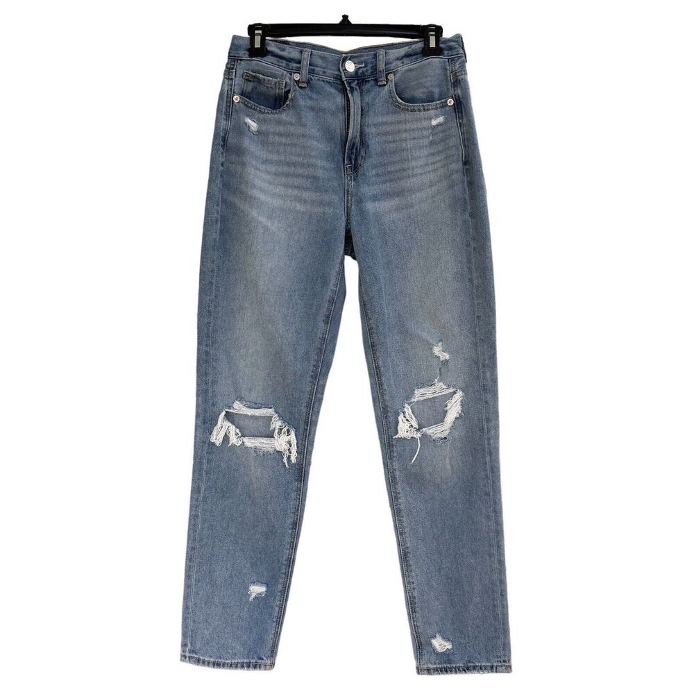 American Eagle SZ 4 Mom Jeans High-Rise Distressed Pocket Whiskered Zip-Fly Blue